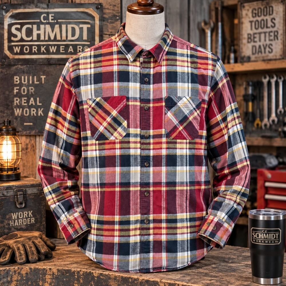 CE Schmidt Workwear Mens Large Flannel Shirt Red Madras Plaid Cotton Button Down